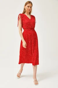 Olalook Women's Red Shoulder Gathered Waist Gipped Dress