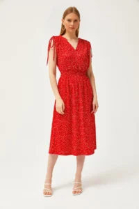 Olalook Women's Red Shoulder Gathered Waist Gipped Dress - Image 2