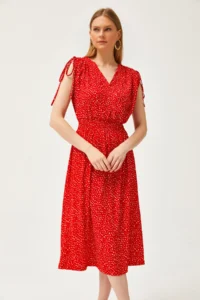 Olalook Women's Red Shoulder Gathered Waist Gipped Dress - Image 3
