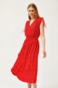 Olalook Women's Red Shoulder Gathered Waist Gipped Dress - Image 4