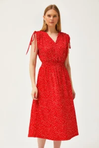 Olalook Women's Red Shoulder Gathered Waist Gipped Dress - Image 5
