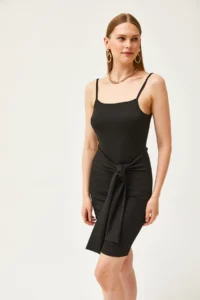 Olalook Women's Black Strappy Waist Belt Detailed Knitted Dress - Image 3