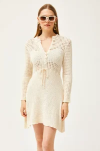 Olalook Women's Ecru Chest Skirt Tight Knit Openwork Knitwear Dress - Image 2