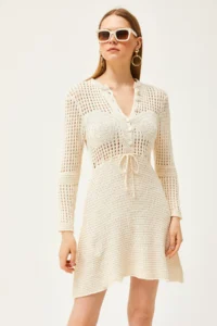 Olalook Women's Ecru Chest Skirt Tight Knit Openwork Knitwear Dress - Image 3