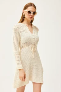 Olalook Women's Ecru Chest Skirt Tight Knit Openwork Knitwear Dress - Image 4