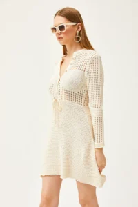 Olalook Women's Ecru Chest Skirt Tight Knit Openwork Knitwear Dress - Image 5