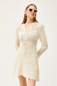 Olalook Women's Ecru Chest Skirt Tight Knit Openwork Knitwear Dress - Image 7