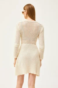 Olalook Women's Ecru Chest Skirt Tight Knit Openwork Knitwear Dress - Image 8