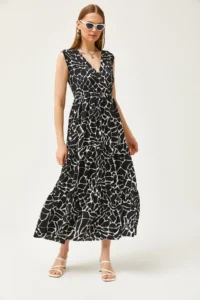 Olalook Women's Black Double Breasted Collar Patterned Maxi Knitted Dress - Image 4
