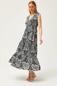 Olalook Women's Shawl Black Double Breasted Collar Patterned Maxi Knitted Dress