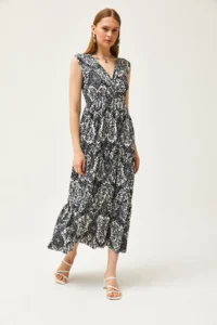 Olalook Women's Shawl Black Double Breasted Collar Patterned Maxi Knitted Dress - Image 3