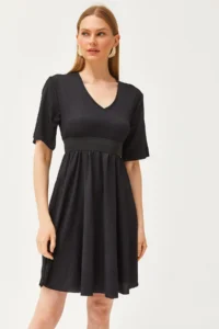 Olalook Women's Black V-Neck Elastic Waist Mini Dress - Image 3