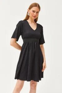 Olalook Women's Black V-Neck Elastic Waist Mini Dress - Image 4