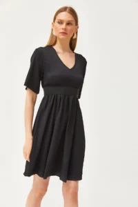 Olalook Women's Black V-Neck Elastic Waist Mini Dress - Image 5
