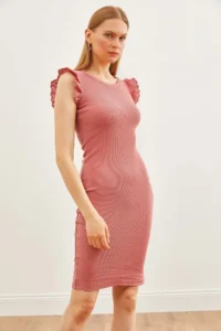 Olalook Women's Dusty Rose Sleeve Scallop Lycra Mini Cotton Dress - Image 3