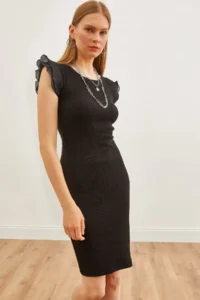 Olalook Women's Black Sleeve Pleated Lycra Cotton Dress
