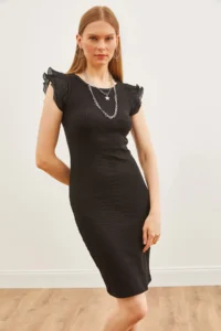Olalook Women's Black Sleeve Pleated Lycra Cotton Dress - Image 2