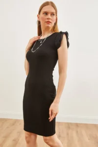 Olalook Women's Black Sleeve Pleated Lycra Cotton Dress - Image 3