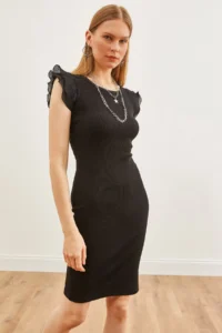 Olalook Women's Black Sleeve Pleated Lycra Cotton Dress - Image 5