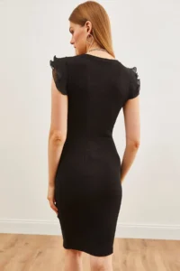 Olalook Women's Black Sleeve Pleated Lycra Cotton Dress - Image 6
