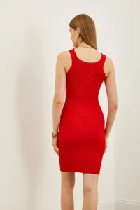 Olalook Women's Red V-Neck Openwork Detailed Ribbed Mini Knitwear Dress - Image 5