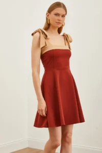 Olalook Women's Brown Beige Strap Tie-Up Flared Knitted Dress