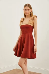 Olalook Women's Brown Beige Strap Tie-Up Flared Knitted Dress - Image 3