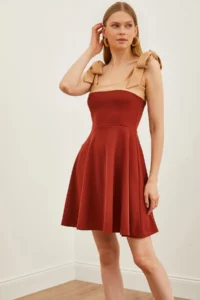 Olalook Women's Brown Beige Strap Tie-Up Flared Knitted Dress - Image 4