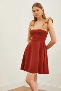 Olalook Women's Brown Beige Strap Tie-Up Flared Knitted Dress - Image 5