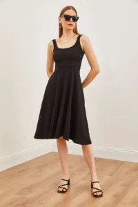 Olalook Women's Black Strap Draped Twist Flared Dress - Image 2