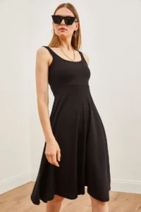 Olalook Women's Black Strap Draped Twist Flared Dress - Image 4