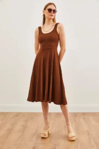 Olalook Women's Brown Strap Draped Twist Flared Dress - Image 2