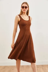 Olalook Women's Brown Strap Draped Twist Flared Dress - Image 3