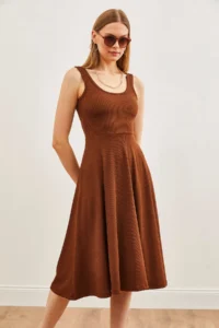 Olalook Women's Brown Strap Draped Twist Flared Dress - Image 4