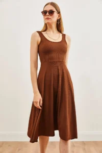 Olalook Women's Brown Strap Draped Twist Flared Dress - Image 5