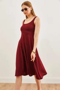 Olalook Women's Burgundy Strap Flowy Twist Flared Dress - Image 2