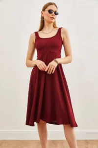 Olalook Women's Burgundy Strap Flowy Twist Flared Dress - Image 3