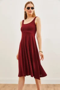 Olalook Women's Burgundy Strap Flowy Twist Flared Dress - Image 4