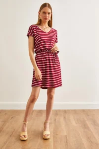 Olalook Women's Striped Burgundy Belted V-Neck Casual Knitted Viscose Dress - Image 2