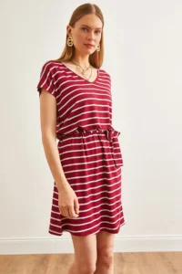 Olalook Women's Striped Burgundy Belted V-Neck Casual Knitted Viscose Dress - Image 3