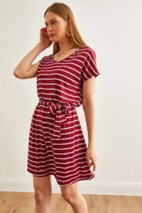 Olalook Women's Striped Burgundy Belted V-Neck Casual Knitted Viscose Dress - Image 4