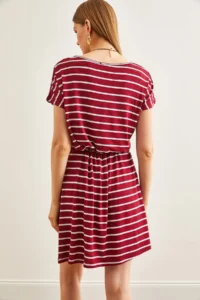 Olalook Women's Striped Burgundy Belted V-Neck Casual Knitted Viscose Dress - Image 5