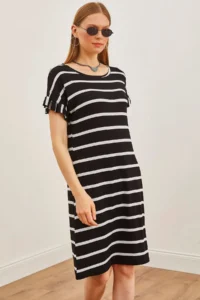 Olalook Women's Black Striped Sleeve Ruffle Knitted Viscose Mini Dress