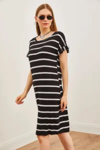 Olalook Women's Black Striped Sleeve Ruffle Knitted Viscose Mini Dress - Image 2