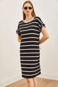 Olalook Women's Black Striped Sleeve Ruffle Knitted Viscose Mini Dress - Image 3
