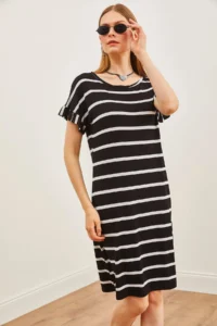 Olalook Women's Black Striped Sleeve Ruffle Knitted Viscose Mini Dress - Image 4