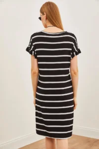 Olalook Women's Black Striped Sleeve Ruffle Knitted Viscose Mini Dress - Image 5