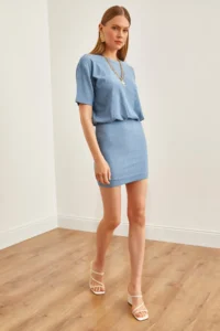 Olalook Women's Indigo Skirt Double Layer Mini Knitted Dress