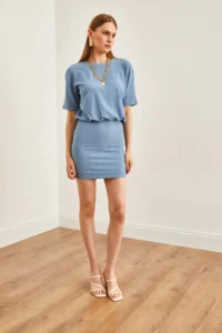 Olalook Women's Indigo Skirt Double Layer Mini Knitted Dress - Image 2