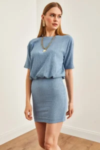 Olalook Women's Indigo Skirt Double Layer Mini Knitted Dress - Image 3